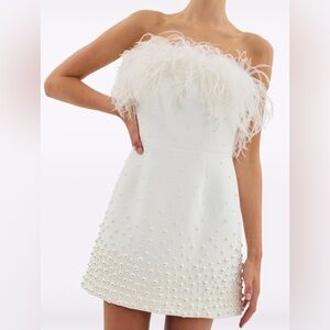 Rebecca Vallance Strapless White Dress with Feather and Pearl Detail